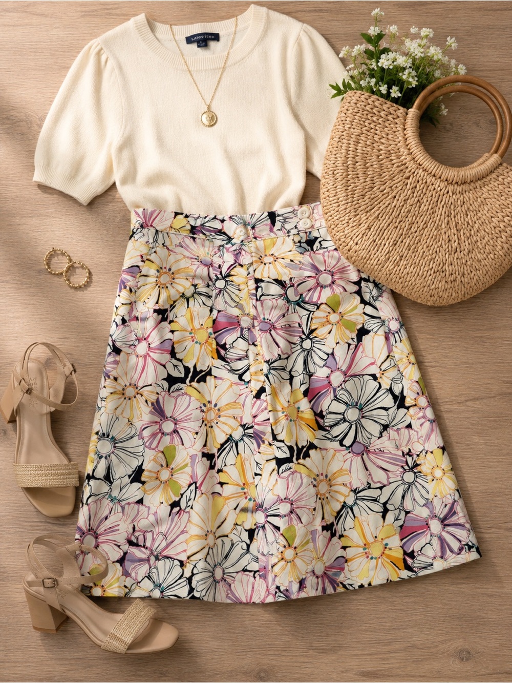 Lands' End Cream Top with Multi-Color Floral A-Line Skirt